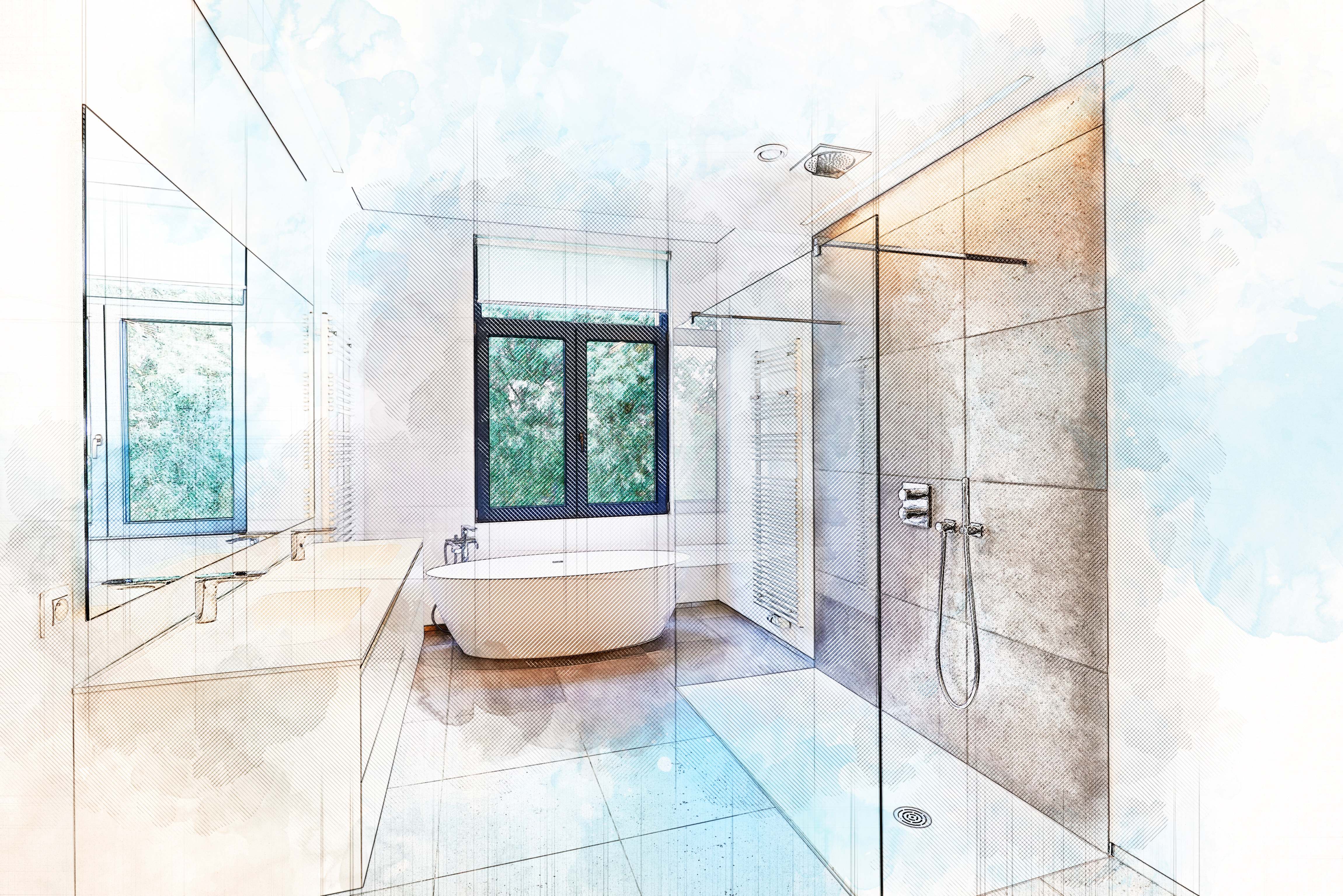 3D-Planung einer Komplettbadsanierung in Berlin mit freistehender Wanne und Walk-in-Dusche