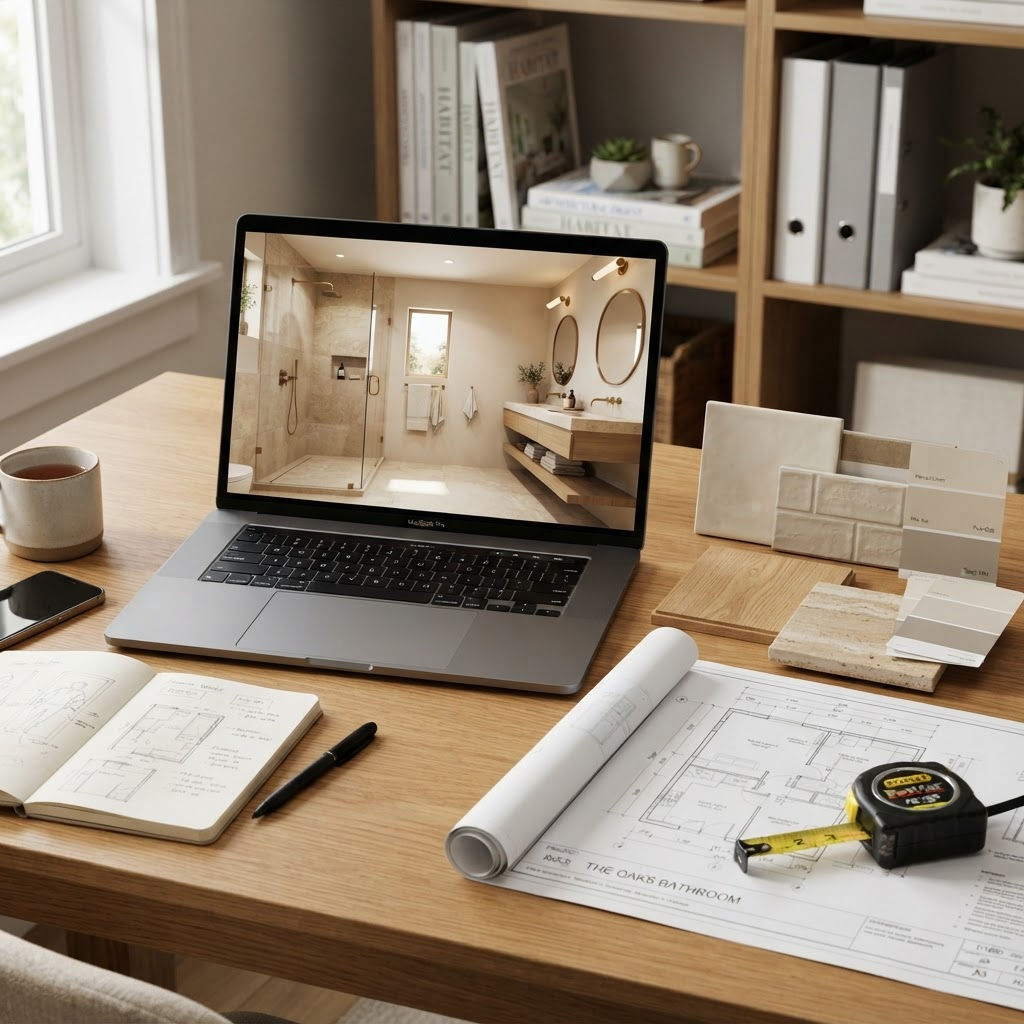 Badplanung in Berlin – 3D-Visualisierung eines Bades am Laptop mit Fliesen- und Materialmustern