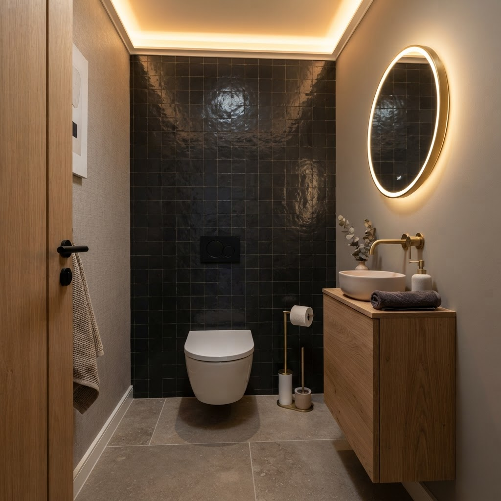 Modern gestaltetes Gäste-WC in Berlin mit Wand-WC, schmalem Waschtisch und Akzentwand