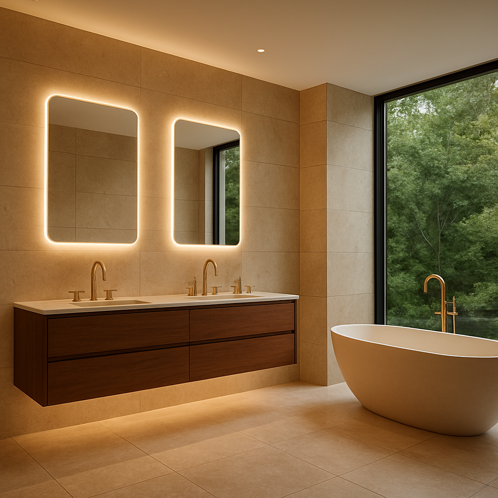 Luxuriös saniertes Bad mit freistehender Wanne und Holz-Waschtisch in Berlin