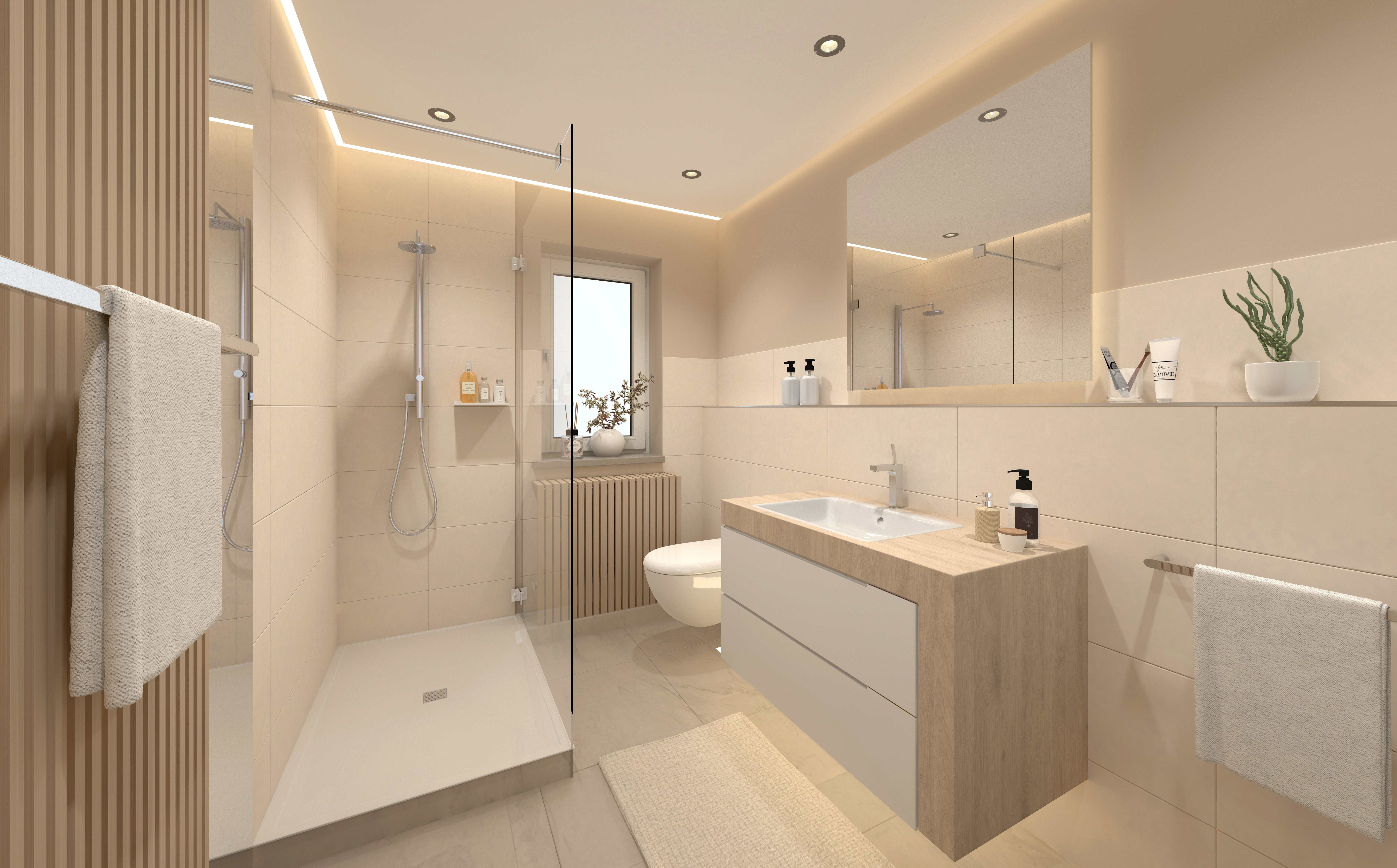Fertig renoviertes, helles Badezimmer in Berlin in warmen Beigetönen mit Walk-in-Dusche