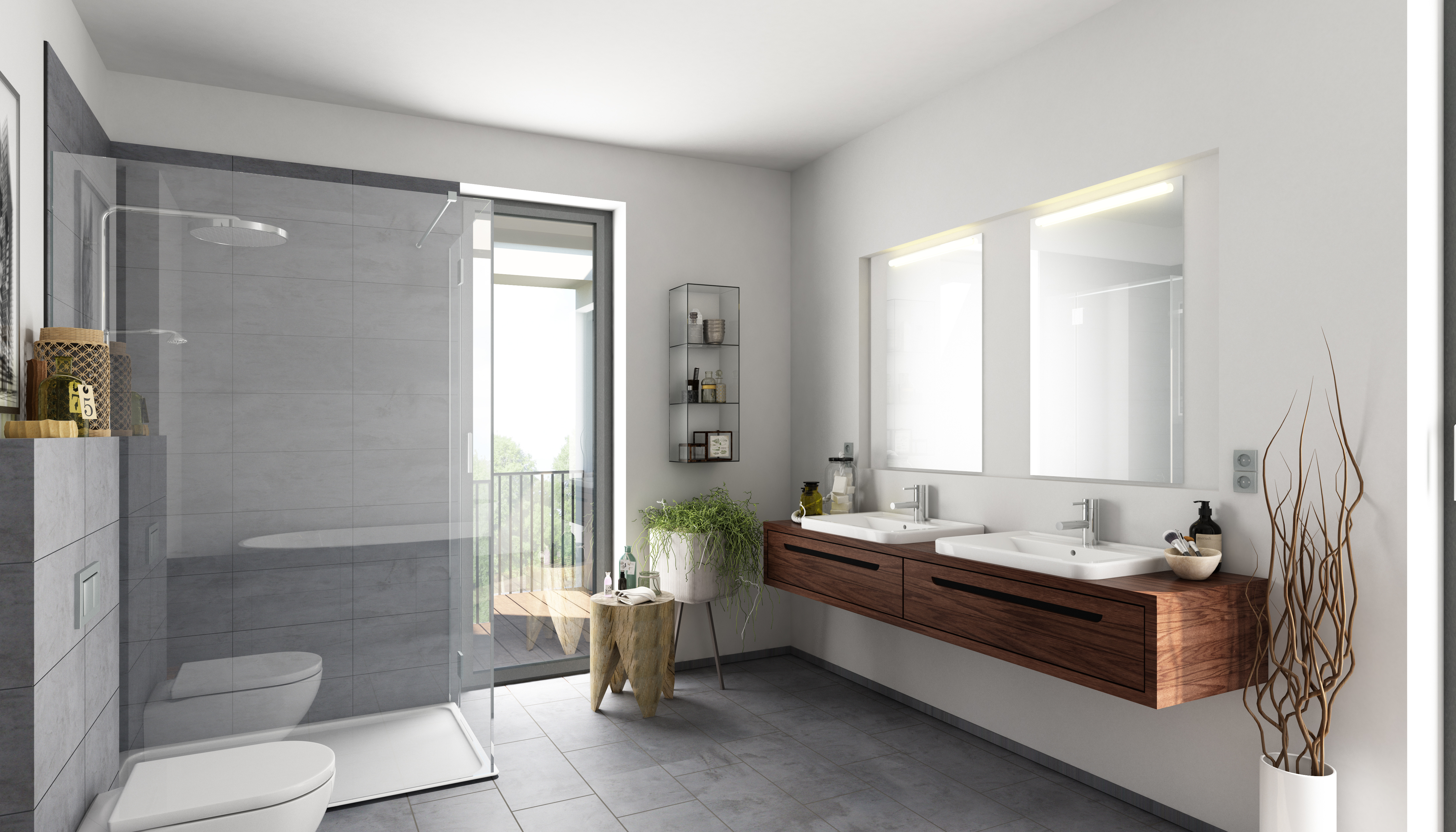 Modernes Badezimmer mit Walk-in-Dusche und Doppelwaschtisch aus Holz